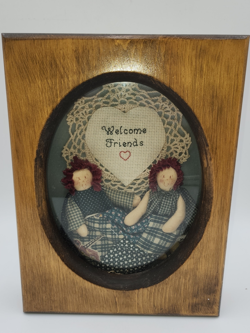 Welcome Friends Doll Shadow Box Wall Accent - Brown Wood Frame